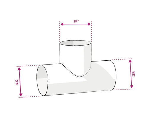 Illustration d''un raccord en T avec des dimensions de 3/4 de pouce et M32.