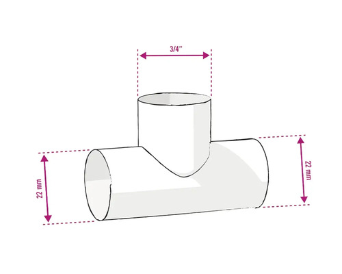 Raccord en T avec des dimensions de 22 millimètres et 3/4 pouce