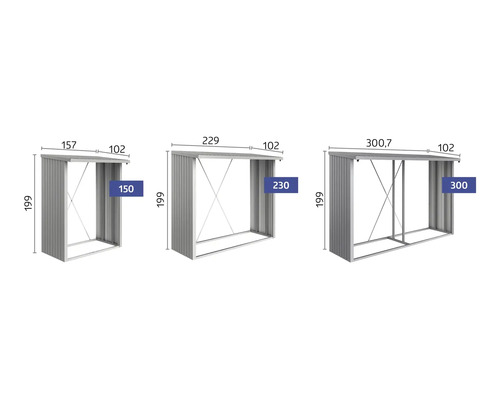Drei Gerätehäuser aus Metall in verschiedenen Größen mit Maßangaben