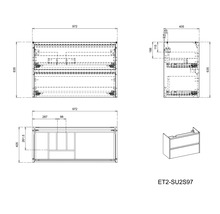 Schéma technique d''un meuble sous-lavabo avec dimensions.