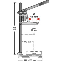 Schéma technique d''une presse à levier manuelle avec indications de dimensions