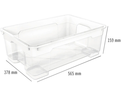 Transparente Aufbewahrungsbox mit den Maßen 565 mm Länge, 378 mm Breite und 159 mm Höhe.