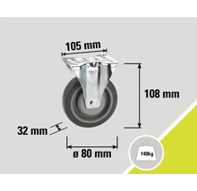 Rollenmaße: 105 mm x 108 mm, Raddurchmesser 80 mm, Radbreite 32 mm, Tragkraft 140 kg