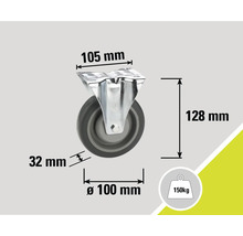 Lenkrolle mit den Maßen 105 mm, 128 mm, 32 mm und Durchmesser 100 mm, Traglast 150 kg