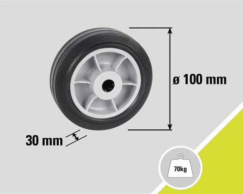 Roue avec des dimensions de 100 mm de diamètre et 30 mm de largeur, capacité de charge de 70 kg