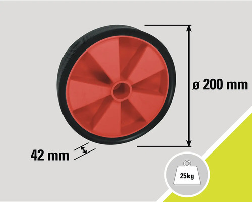 Roue d''un diamètre de 200 millimètres et d''une capacité de charge de 25 kilogrammes.