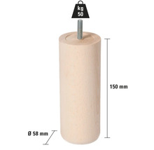 Pied de meuble en bois, cylindrique, hauteur 150 mm, diamètre 58 mm, capacité de charge jusqu''à 50 kg