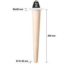 Möbelfuß aus Holz mit den Maßen 80x80 mm und 300 mm Höhe, Belastbarkeit 50 kg