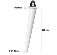 Pied de meuble blanc unique mesurant 300 mm de long, plaque de 80 x 80 mm et diamètre de 24 à 48 mm