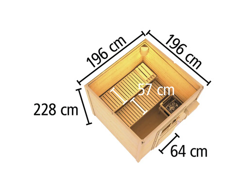 Illustration d''un sauna mesurant 196 x 196 x 228 cm avec une largeur de porte de 64 cm.