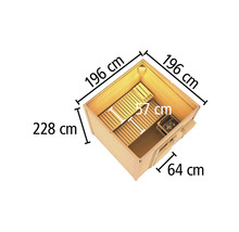 Abbildung einer Sauna mit Maßangaben: 196 cm Breite, 228 cm Höhe und 64 cm Tiefe.