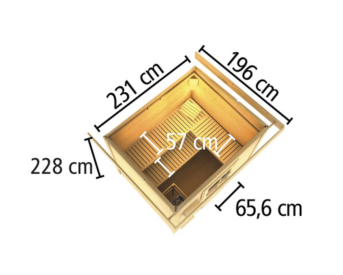 Dimensions d''un sauna en bois avec détails sur la longueur, la largeur et la hauteur.