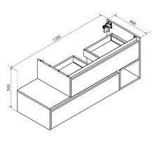 Dessin technique d''un meuble sous-lavabo avec tiroirs et dimensions 1285 x 500 x 460 mm.
