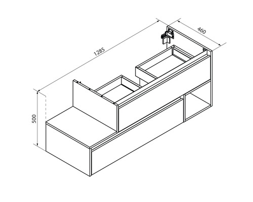 Technische Zeichnung eines Waschtischunterschranks mit Schubladen und den Maßen 1285 x 500 x 460 mm.