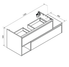 Schéma technique d''un meuble sous-lavabo avec tiroirs et compartiments ouverts, dimensions 1285 x 460 x 500 mm