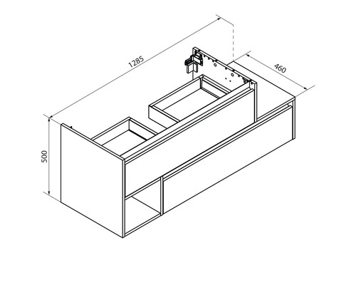Technische Zeichnung eines Waschtischunterschranks mit Schubladen und offenen Fächern, Maße 1285 x 460 x 500 mm