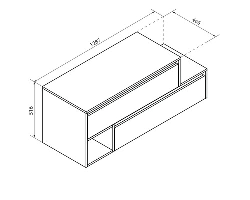 Dessin d''un meuble sous-lavabo avec tiroirs et compartiments ouverts, avec indication des dimensions