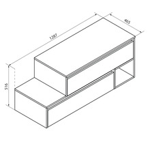 Dessin technique d''un meuble sous-lavabo avec tiroirs et compartiments ouverts avec dimensions.