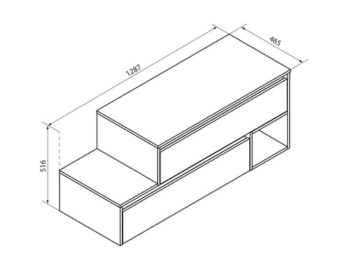 Schéma d''un meuble sous-lavabo avec tiroirs et dimensions