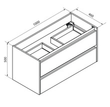 Schéma d''un meuble sous-lavabo avec tiroirs et indications de dimensions