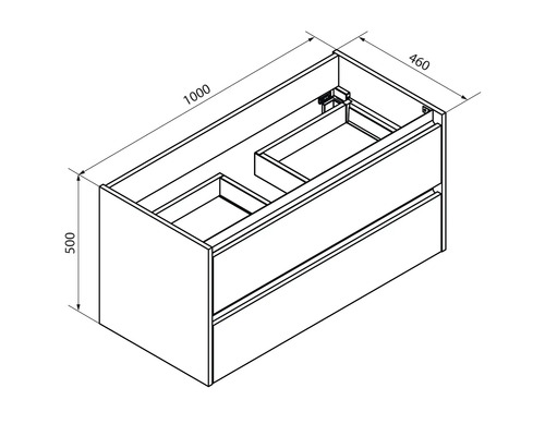 Schéma d''un meuble sous-lavabo avec tiroirs et indications de dimensions