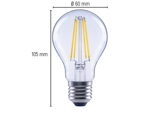Abbildung einer klaren LED-Lampe mit den Maßen 60 mm Durchmesser und 105 mm Höhe.