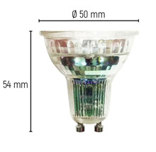 Lampe LED GU10 avec dimensions diamètre 50 millimètres et hauteur 54 millimètres