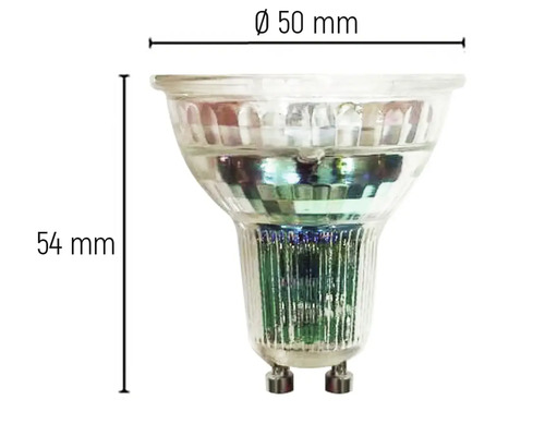 Lampe LED GU10 avec dimensions diamètre 50 millimètres et hauteur 54 millimètres