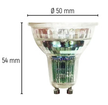Ampoule GU10 avec des dimensions de 50 mm de diamètre et 54 mm de longueur