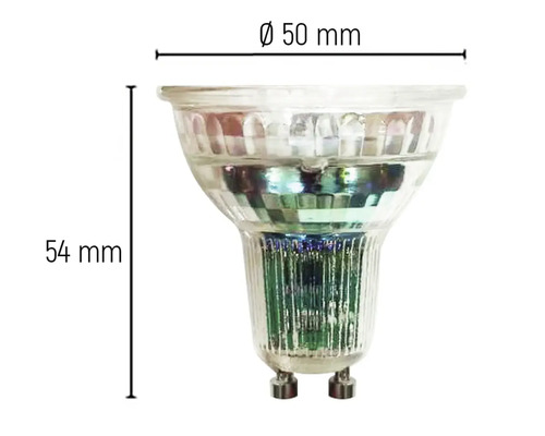 Ampoule GU10 avec des dimensions de 50 mm de diamètre et 54 mm de longueur