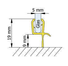 Abbildung der Maße einer Dichtung für Glas mit einer Glasstärke von 5 mm