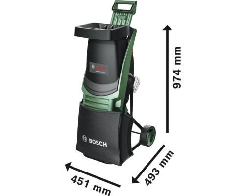 Broyeur Bosch avec des dimensions de 451 mm de largeur, 493 mm de profondeur et 974 mm de hauteur.