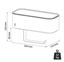 Masszeichnung Toilettenpapierhalter mit Ablage und den Massen 154 mm Höhe, 249 mm Breite, 68 mm Abstand zwischen Halterung und Ablage sowie 110 mm Tiefe. Maximales Gewicht 10 kg.
