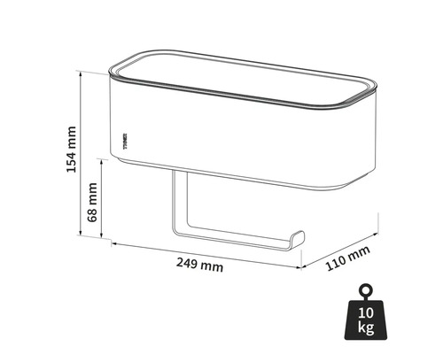 Masszeichnung Toilettenpapierhalter mit Ablage und den Massen 154 mm Höhe, 249 mm Breite, 68 mm Abstand zwischen Halterung und Ablage sowie 110 mm Tiefe. Maximales Gewicht 10 kg.