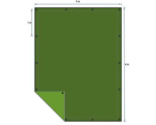 Image d'une bâche mesurant 3 mètres sur 4 mètres avec des œillets pour la fixation