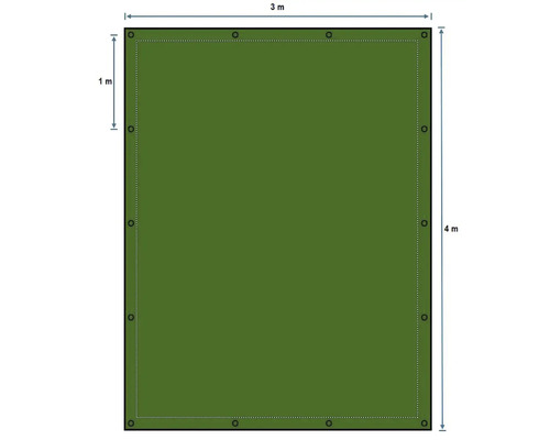 Bâche avec œillets et dimensions trois mètres sur quatre mètres.