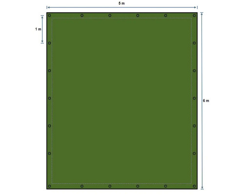 Vue de dessus d'une bâche rectangulaire avec des œillets, 5 mètres de large et 6 mètres de long