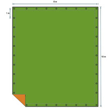 Illustration einer rechteckigen Plane mit Ösen und den Maßen 8 Meter mal 10 Meter.