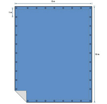 Image d'une couverture de piscine rectangulaire avec des œillets et des dimensions de 8 mètres sur 10 mètres.