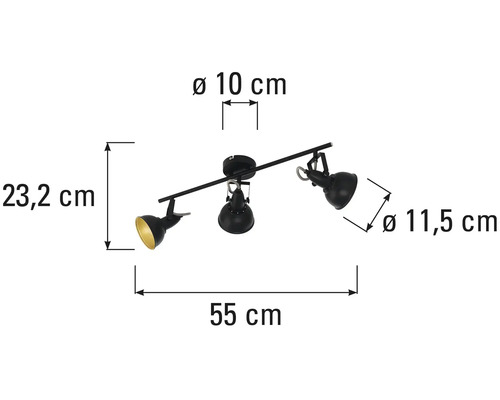 Plafonnier avec trois spots et indications de taille