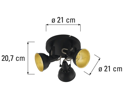 Deckenleuchte mit drei Strahlern und Massangaben