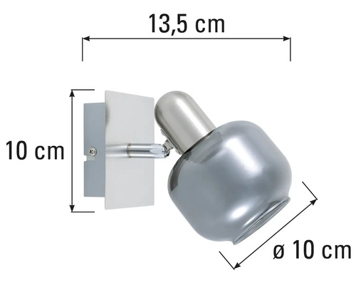 Wandleuchte mit den Maßen 13,5 cm Länge, 10 cm Höhe und 10 cm Durchmesser