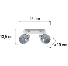Plafonnier avec deux spots et dimensions de 25 cm de large, 13,5 cm de haut et 10 cm de diamètre