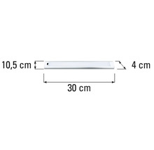 Abbildung der Abmessungen einer Unterbauleuchte: 30 Zentimeter breit, 10,5 Zentimeter hoch und 4 Zentimeter tief.