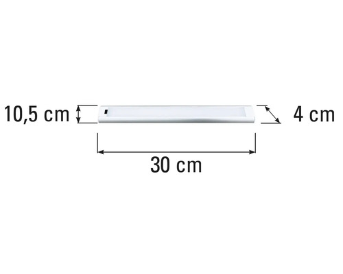 Image des dimensions d'un luminaire sous meuble : 30 centimètres de large, 10,5 centimètres de haut et 4 centimètres de profondeur.