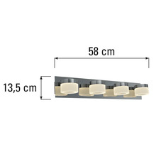 Dimensions d'un luminaire de salle de bains : 58 centimètres de large et 13,5 centimètres de haut.