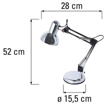 Skizze einer Schreibtischlampe mit den Maßen 28, 52 und 15,5 Zentimeter
