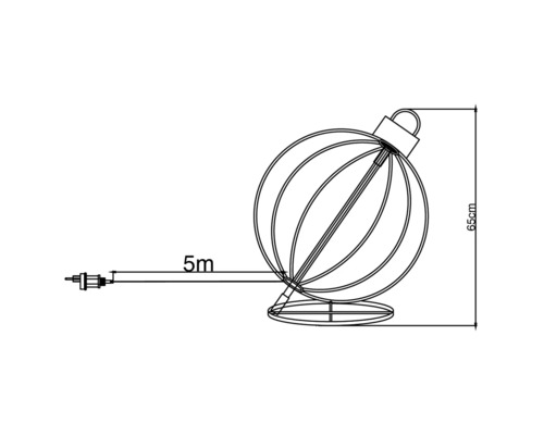 Dessin technique d'une boule de Noël de 65 centimètres de haut avec un câble de cinq mètres de long