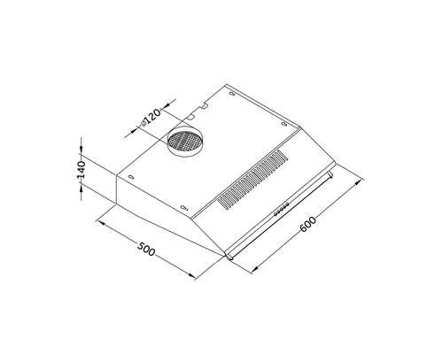 Schéma technique d'une hotte aspirante avec dimensions