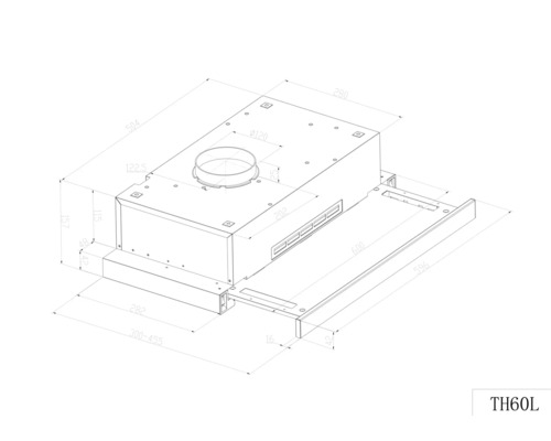 Dessin technique d'une hotte aspirante avec dimensions